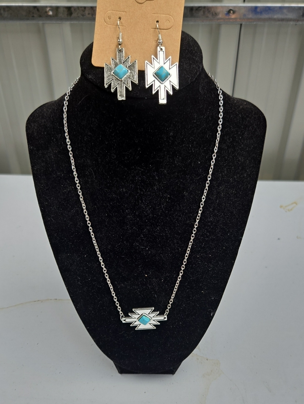 Silver-tone Turquoise Accent Southwestern Necklace & Earrings Set